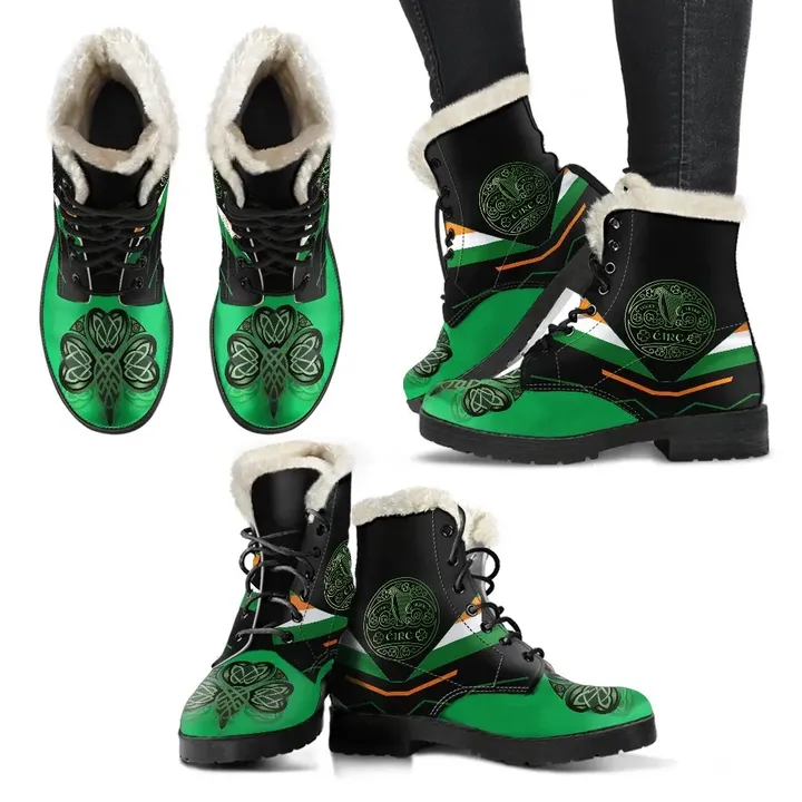 Celtic All Over Print Faux Fur Leather Boots - Irish Shamrock With Celtic Patterns - BN21