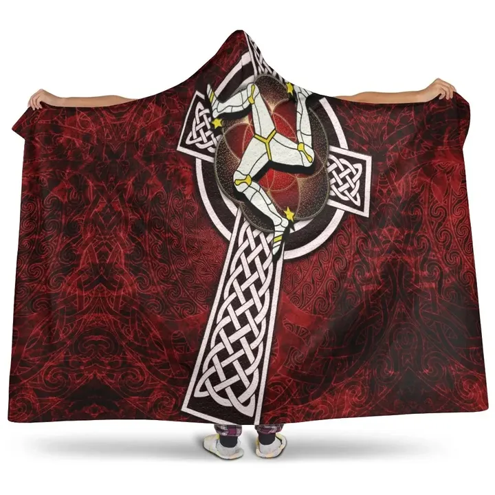 Isle Of Man Celtic Hooded Blanket - Celtic Cross & Triskele Skew Style - BN22