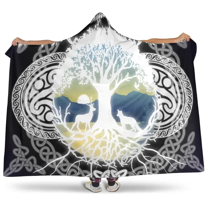 Celtic Tree of Life Hooded Blanket - Tree of Life With Deer & Fox Dark Blue - BN30