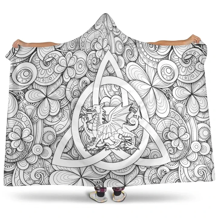 Celtic Wales  Hooddie Blanket- Dragon White Wales With Triquetra Celtic Symbol - BN17