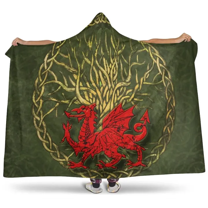 Wales Celtic  Hooded Blanket- Welsh Dragon With Celtic Tree - BN23