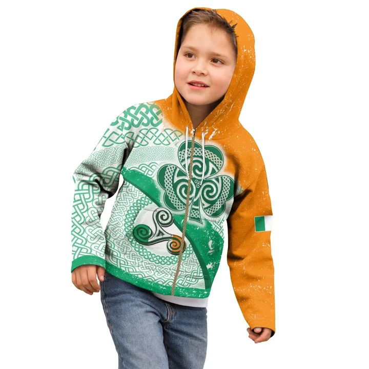 [Kid] Ireland Celtic Zip-Up Hoodie - Ireland Shamrock With Celtic Patterns - BN23