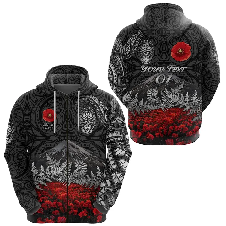 (Custom Personalised) Warriors Rugby Zip Hoodie New Zealand Mount Taranaki With Poppy Flowers Anzac Vibes - Black, Custom Text And Number A7