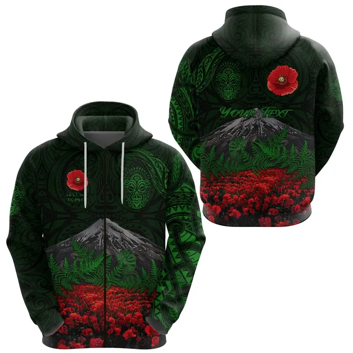 (Custom Personalised) Warriors Rugby Zip Hoodie New Zealand Mount Taranaki With Poppy Flowers Anzac Vibes Green A7