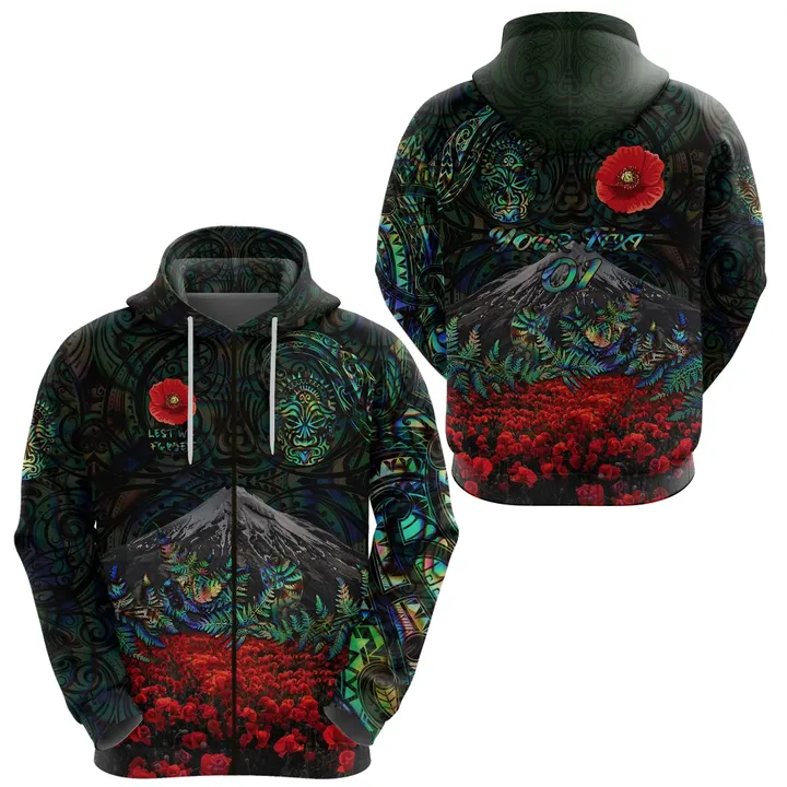 (Custom Personalised) Warriors Rugby Zip Hoodie New Zealand Mount Taranaki With Poppy Flowers Anzac Vibes - Paua Shell, Custom Text And Number A7