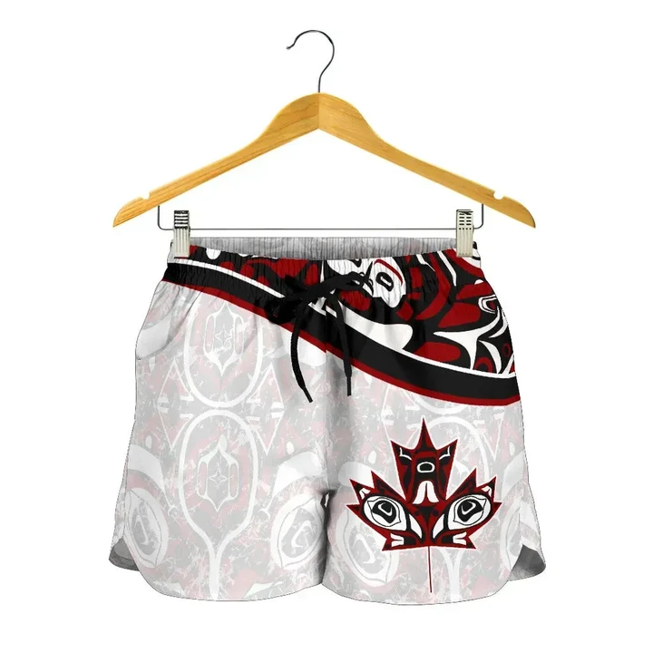 Canada Day All Over Print Women's Shorts - Haida Maple Leaf Style Tattoo White