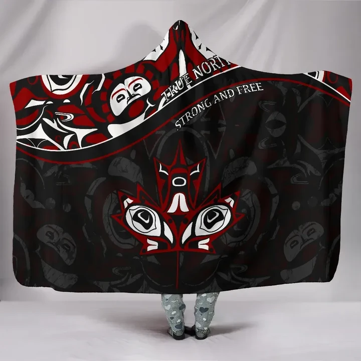 Canada Day Hooded Blanket - Haida Maple Leaf Style Tattoo Black