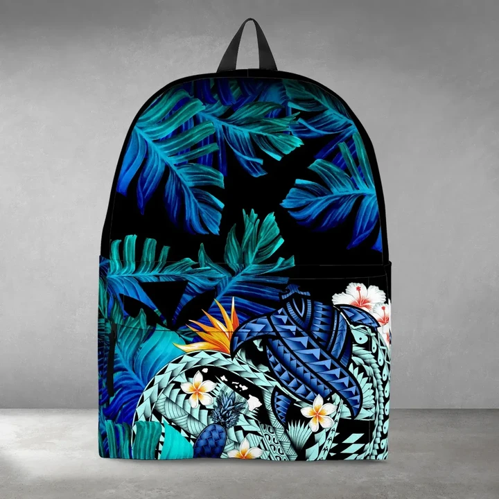 Kanaka Maoli (Hawaiian) Backpack, Polynesian Pineapple Banana Leaves Turtle Tattoo Blue