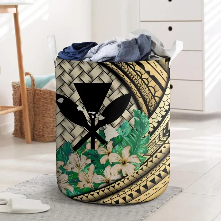 Kanaka Maoli (Hawaiian) Laundry Basket - Lauhala Polynesian Hibiscus Gold