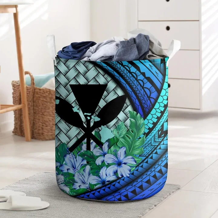 Kanaka Maoli (Hawaiian) Laundry Basket - Lauhala Polynesian Hibiscus Blue
