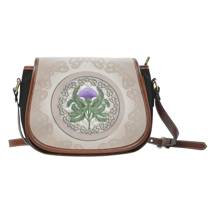 Scotland Canvas/Leather Saddle Bag - Luxurious Cream Thistle Flowers