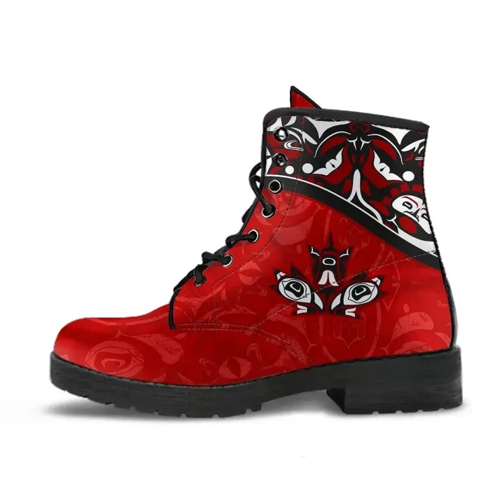 Canada Day Leather Boots - Haida Maple Leaf Style Tattoo Red