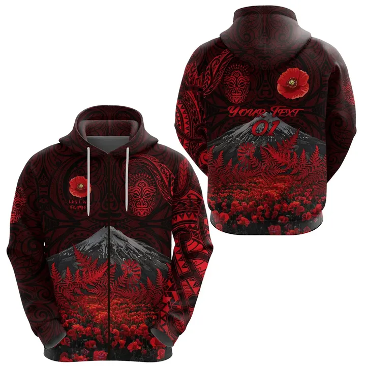 Warriors Rugby Zip Hoodie New Zealand Mount Taranaki With Poppy Flowers Anzac Vibes Red, Custom Text And Number