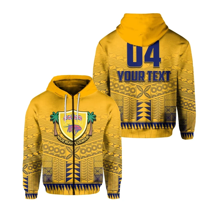 (Custom Text and Number)Niue Rugby Zip Hoodie Yellow