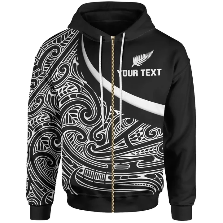 New Zealand Rugby Custom Personalised Zip-Up Hoodie Silver Fern and Maori Patterns