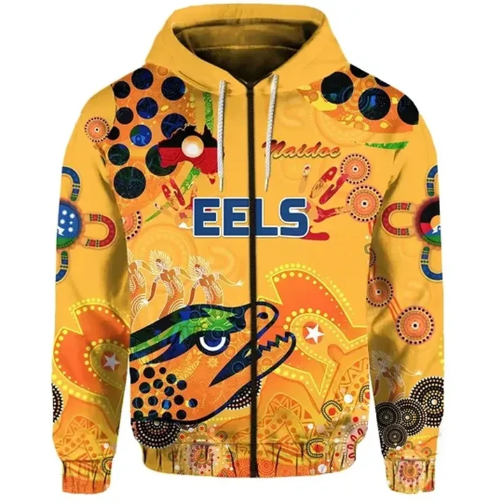 Parramatta Zip Hoodie Eels Indigenous Naidoc Heal Country! Heal Our Nation Gold, Custom Text And Num