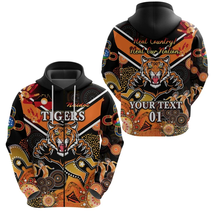 Custom Personalised Wests Zip Hoodie Tigers Indigenous Naidoc Heal Country! Heal Our Nation Black, Custom Text And Number