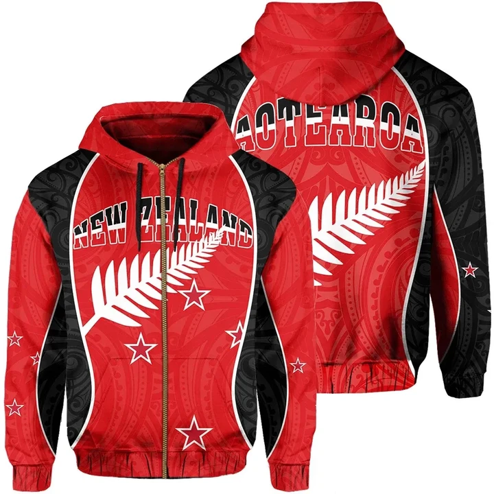New Zealand Hoodie Zip Red Gel Style Happy Waitangi Day