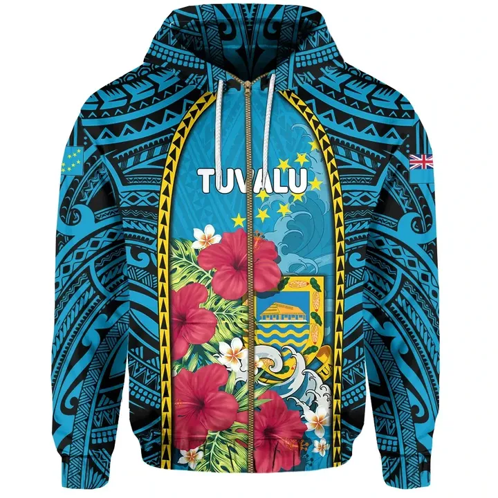 Zip Up Hoodie Tuvalu Coat Of Arms Polynesian With Hibiscus And Waves