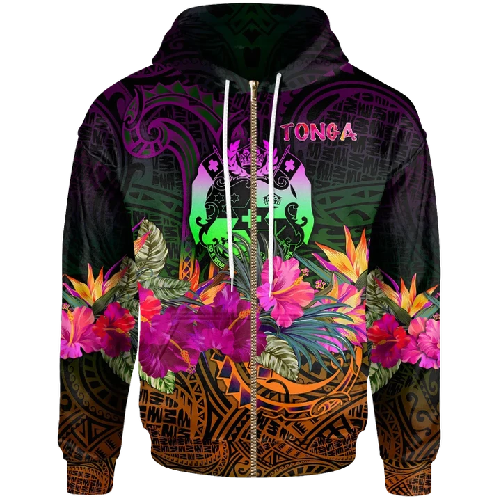Tonga Polynesian Zip-Up Hoodie Summer Hibiscus