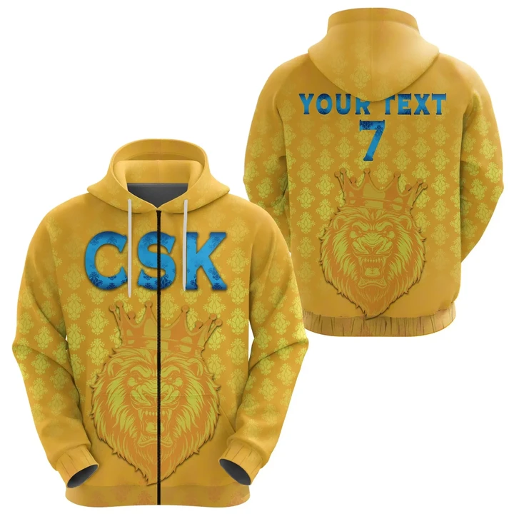 (Custom Personalised) CSK Zip Hoodie Cricket Traditional Pride Yellow, Custom Text And Number