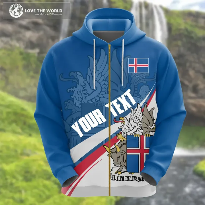 Copy of (Custom) Iceland Hoodie Zip Flag Coat Of Arms Wavy Lines