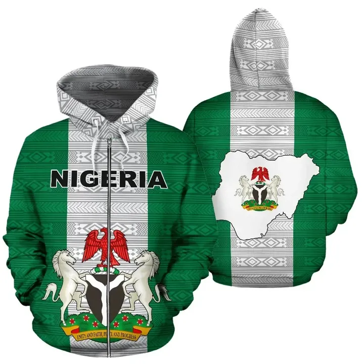 Nigeria All Over Zip-Up Hoodie Flag And Coat Of Arm