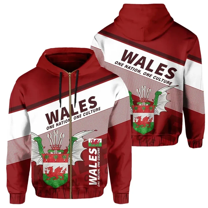 Wales Zipper Hoodie Flag Motto Red Limited Style