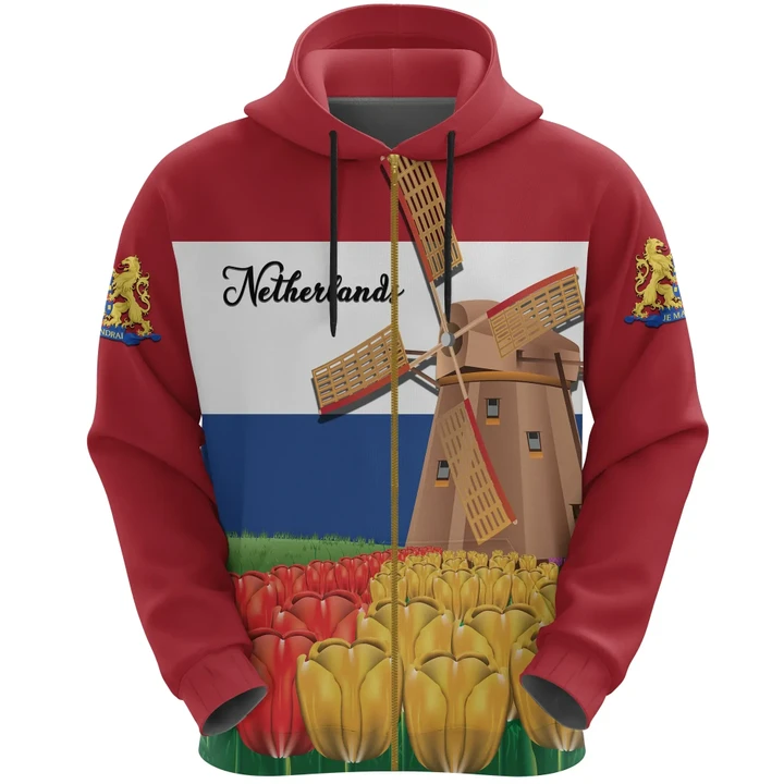 Netherlands Windmill and Tulips Zip Up Hoodie