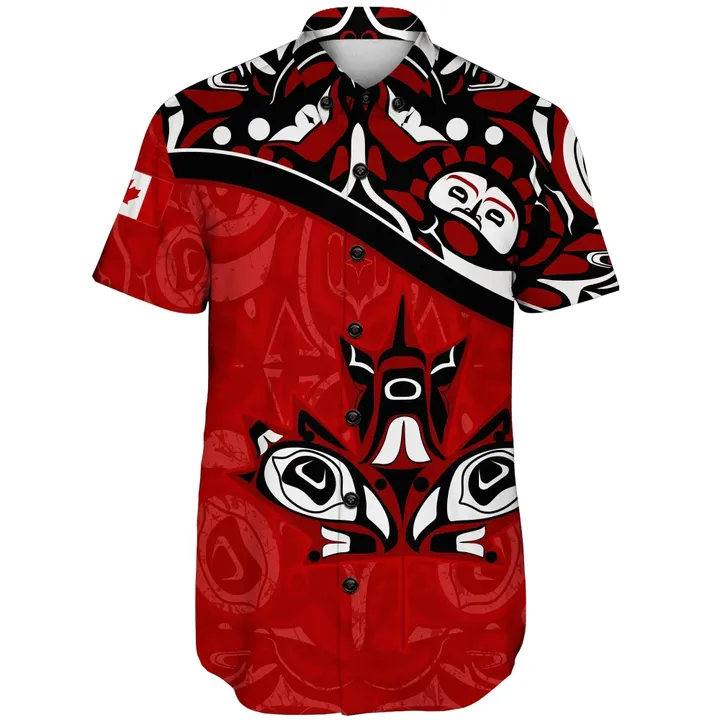 Canada Day Short Sleeve Shirt , Haida Maple Leaf Style Tattoo Red