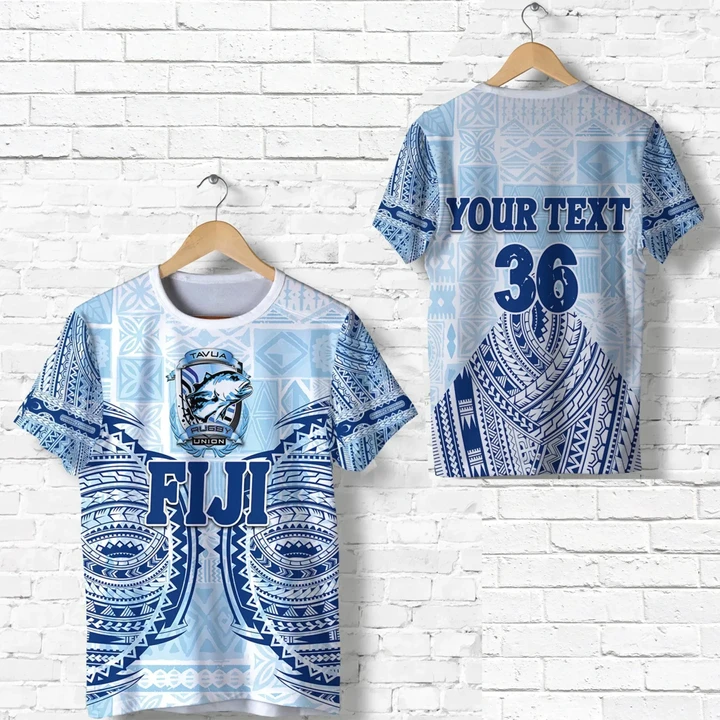 (Custom Personalised) Fiji Tavua Rugby Tapa T Shirt Polynesian Blue, Custom Text and Number