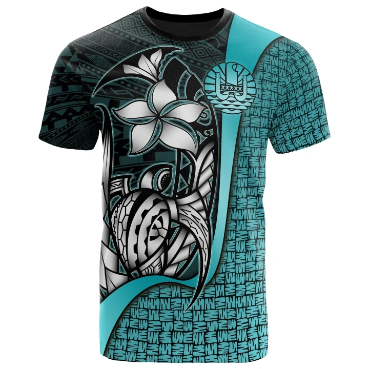 Tahiti Polynesian T-Shirt Turquoise Turtle with Hook