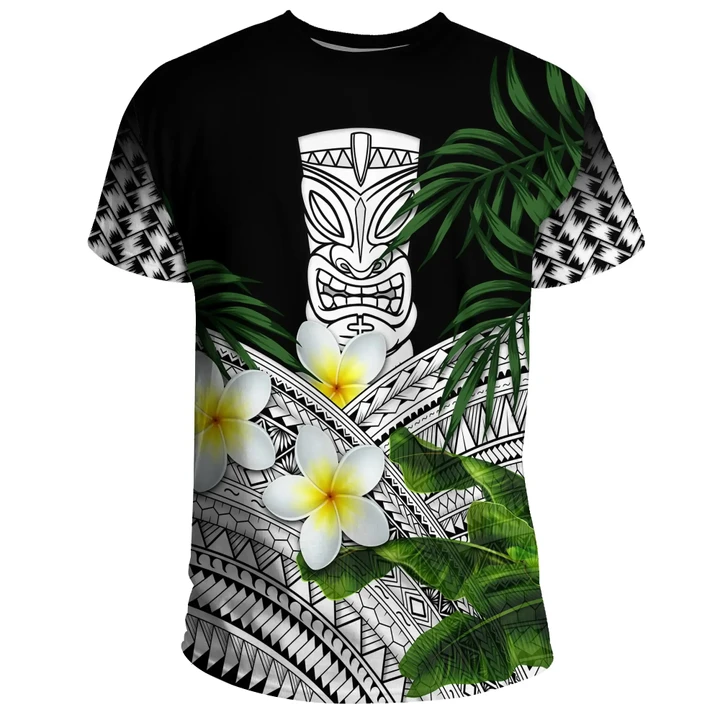 Hawaii T-Shirts, Polynesian Tiki Plumeria Banana Leaves White