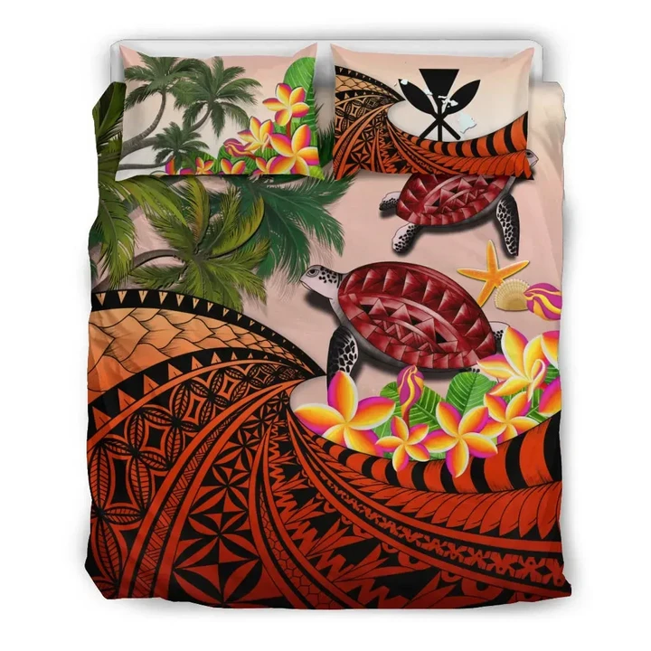Kanaka Maoli (Hawaiian) Bedding Set Polynesian Turtle Coconut tree And Plumeria Red