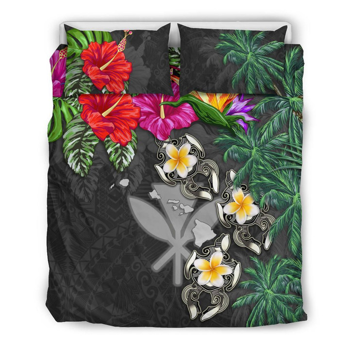 Kanaka Maoli (Hawaiian) Bedding Set Hibiscus Turtle Tattoo Gray