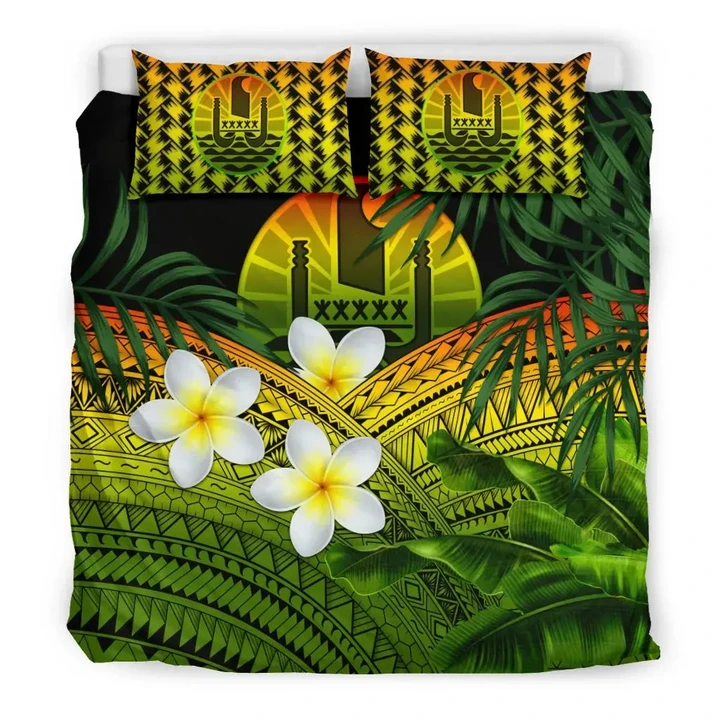 Tahiti Bedding Set, Polynesian Plumeria Banana Leaves Reggae