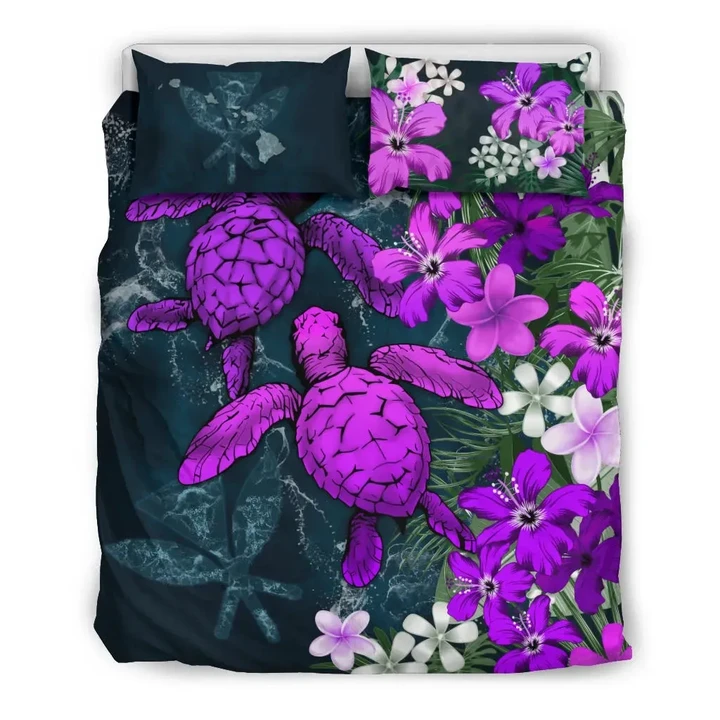 Kanaka Maoli (Hawaiian) Bedding Set Sea Turtle Tropical Hibiscus And Plumeria Purple