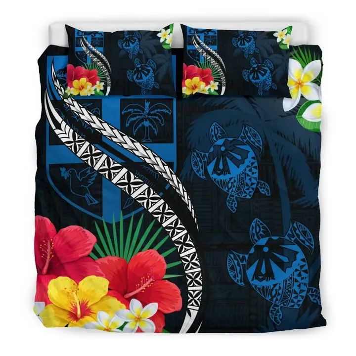 Fiji Bedding Set Fiji Turtle Hibiscus Plumeria Coat of Arm Blue Style Bedding Set