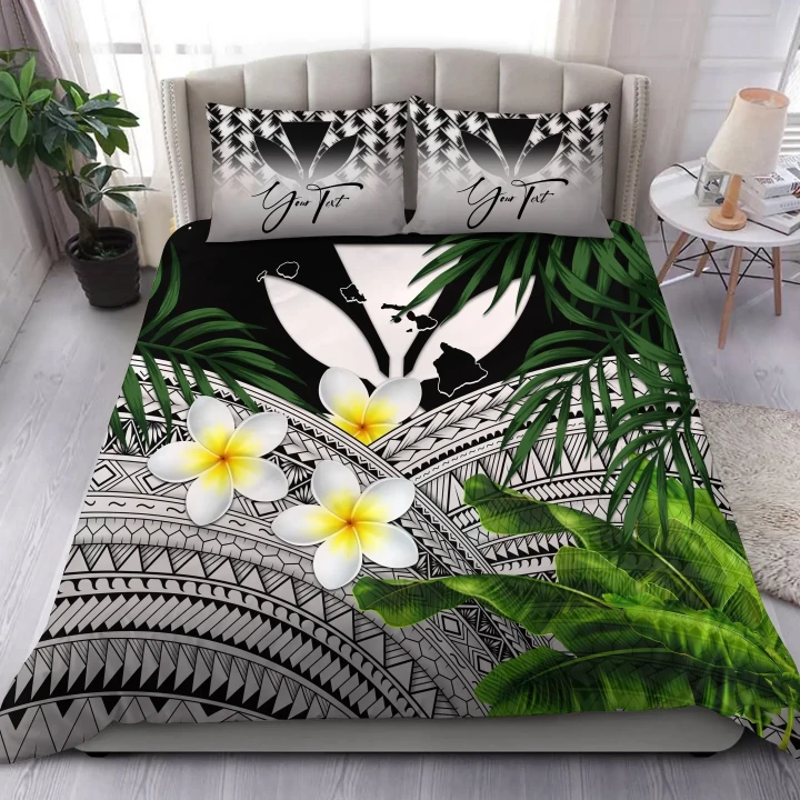 (Custom) Kanaka Maoli (Hawaiian) Bedding Set, Polynesian Plumeria Banana Leaves Gray Personal Signature