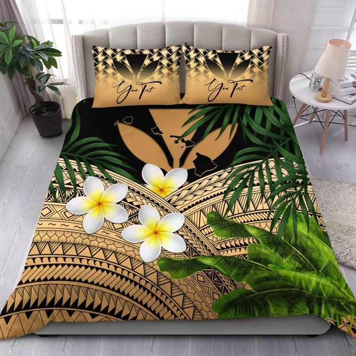 (Custom) Kanaka Maoli (Hawaiian) Bedding Set, Polynesian Plumeria Banana Leaves Gold Personal Signature