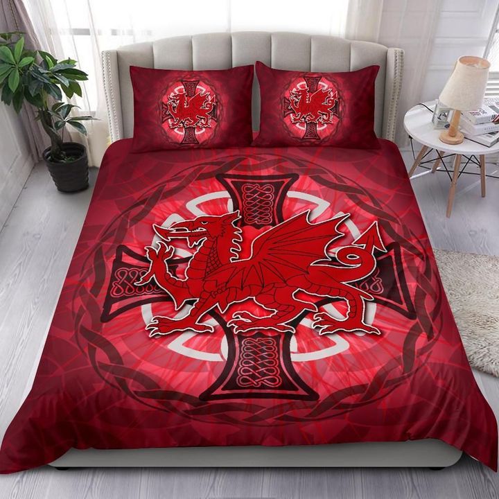 Wales Celtic Bedding Set Dragon With Celtic Cross Red