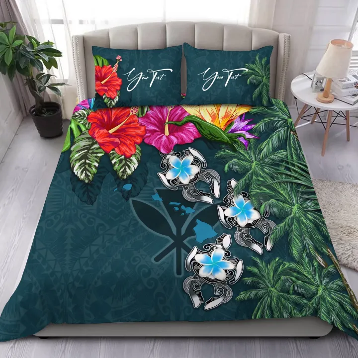 (Custom) Hawaii Bedding Set Hibiscus Turtle Blue Personal Signature