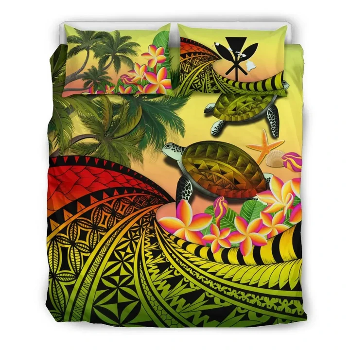 Kanaka Maoli (Hawaiian) Bedding Set Polynesian Turtle Coconut tree And Plumeria Reggae
