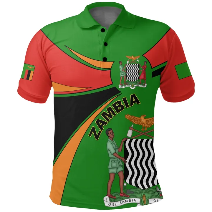 1stTheWorld Zambia Polo Shirt, Zambia Round Coat Of Arms Lion