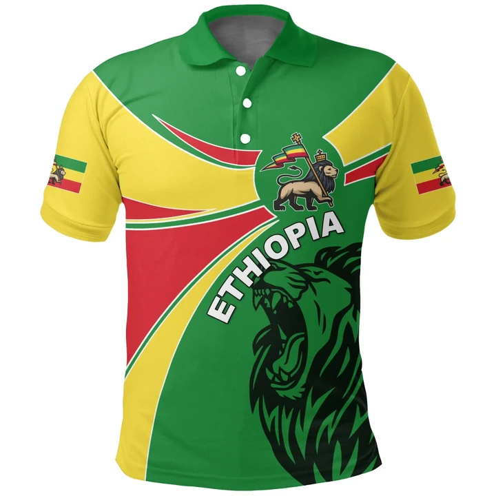 1stTheWorld Ethiopia Polo Shirt, Ethiopia Round Coat Of Arms Lion