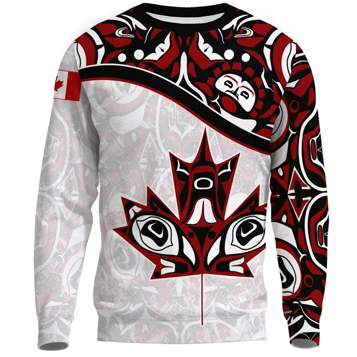 Canada Day Sweatshirt , Haida Maple Leaf Style Tattoo White