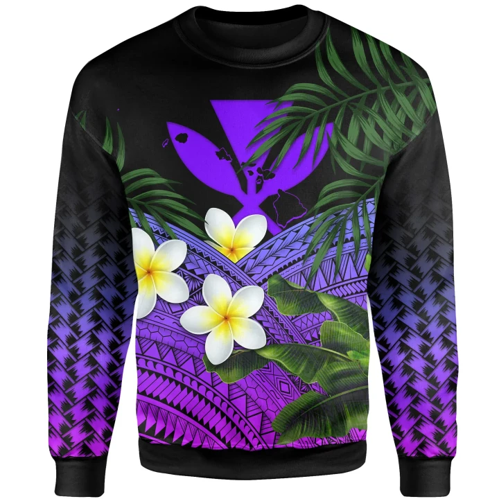 Kanaka Maoli (Hawaiian) Sweatshirt, Polynesian Plumeria Banana Leaves Purple