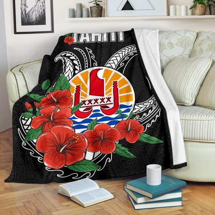 Tahiti Polynesian Premium Blanket - Hibiscus Coat of Arm Black