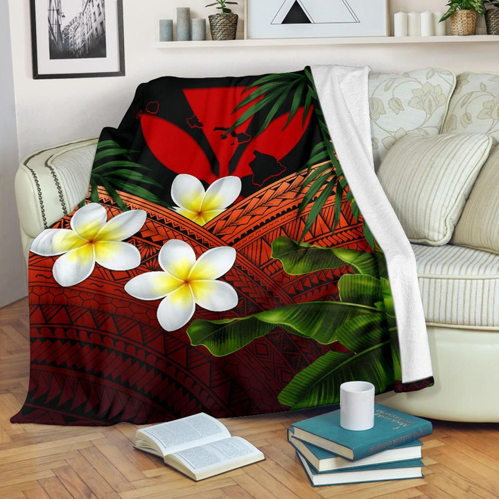 Kanaka Maoli (Hawaiian) Premium Blanket, Polynesian Plumeria Banana Leaves Red