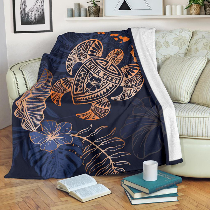 Personalized - Hawaii Kakau Polynesian Turtle Map Premium Blanket - Indigo Premium Blanket - AH